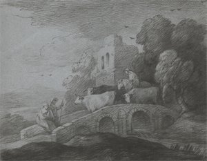 Skovklædt landskab med hyrde, der driver kvæg over en bro, rustikke elskere og ruineret slot af Thomas Gainsborough
