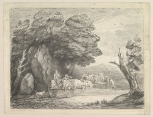 Skovklædt landskab med to landevogne og figurer, 1. august 1797. af Thomas Gainsborough