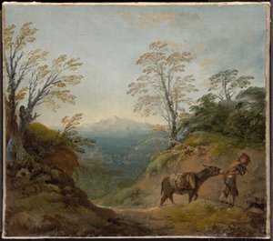 Skovlandskab med en dreng, der fører et æsel og en hund, og et vidstrakt panorama med bygninger og fjerne bakker af Thomas Gainsborough