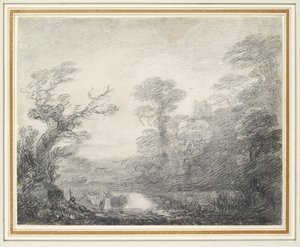 Skovklædt landskab med hyrde, køer og kirketårn af Thomas Gainsborough