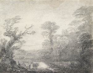 Skovklædt landskab med hyrde, køer og kirketårn, 1753-1757 af Thomas Gainsborough