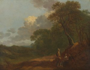 Skovklædt landskab med en mand, der taler med to siddende kvinder af Thomas Gainsborough RA