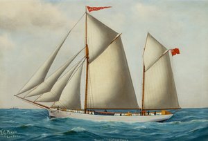The Fore and Aft Schooner Grovehill in Full Sail (olie på lærred) af Thomas George Purvis