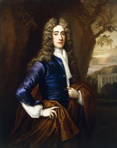 Portræt af en gentleman, 37 år, trekvart længde, i en blå frakke og en brun kappe, med et hus i stil med Smith of Warwick i baggrunden, 1710