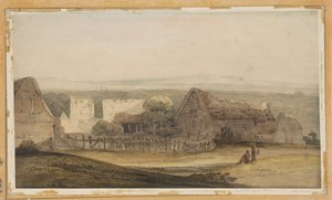 En omfattende bygning med landbrugsbygninger og en kirkeruin af Thomas Girtin