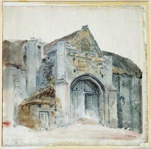 The Tithe Barn, Abbotsbury (akvarel på papir) af Thomas Girtin