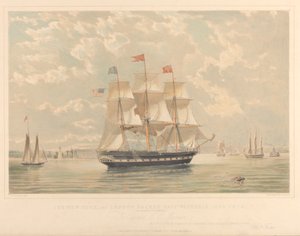 New York and London Packet-skibet Victoria (på vej ind i New Yorks havn), ca. 1839-44 (litografi, farvelagt) af Thomas Goldsworth Dutton