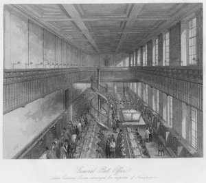 General Post Office. Brevbærerrum indrettet til afsendelse af aviser, c1841 af Thomas H. Ellis