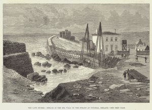 De sene storme, brud på havmuren på stranden ved Youghal, Irland af Thomas Harrington Wilson