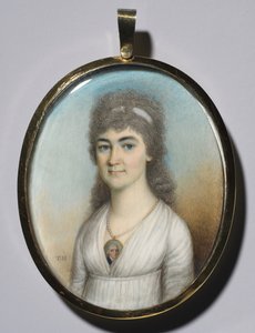 Portræt af en kvinde iført en miniature, ca. 1780. af Thomas Hazlehurst