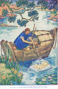 En kiste af krystal flyder langs strømmen (farvelitografi) af Thomas Heath Robinson