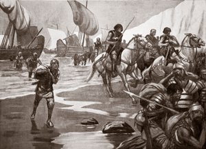 Cæsars anden landgang, 54 f.Kr., illustration fra 