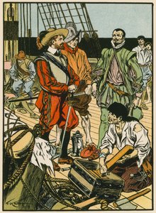 Fanget skat. Sir Francis Drake (farvelitografi) af Thomas Heath Robinson