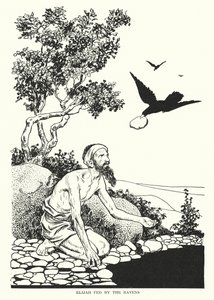 Elias fodret af ravnene (litografi) af Thomas Heath Robinson