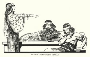 Ester fordømmer Haman (litografi) af Thomas Heath Robinson
