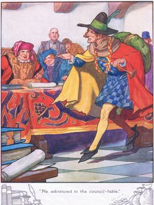 Han gik frem til rådsbordet (farvelitografi) af Thomas Heath Robinson