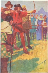 Han spændte buen i et kort øjeblik og løsnede så strengen (farvelitografi) af Thomas Heath Robinson