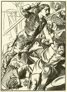 Hereward og hans mænd angriber normannerne (kobberstik) af Thomas Heath Robinson