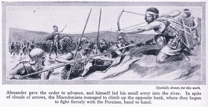 Hvordan Alexander vandt sit imperium: Darius, konge af Persien, samlede en stor hær, som blev besejret af makedonerne i 334 f.v.t., ca. 1950 (litografi) af Thomas Heath Robinson