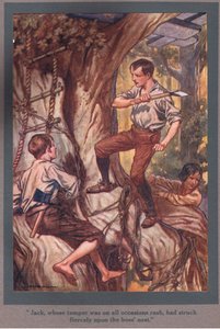 Jack, hvis temperament altid var overilet, havde slået voldsomt til mod biernes bo (farvelitografi) af Thomas Heath Robinson