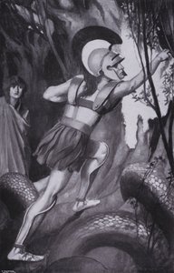 Jason sprang frem ... og rev skindet af træstammen (litografi) af Thomas Heath Robinson