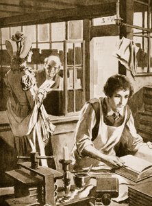 Michael Faraday som lærling hos en boghandler, der læser et leksikon (litografi) af Thomas Heath Robinson
