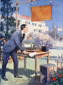 Et af Marconis tidligste eksperimenter (farvelitografi) af Thomas Heath Robinson
