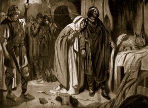 Dronning Ethelburga overtaler Ine af Wessex til at opgive kronen, 728, illustration fra 