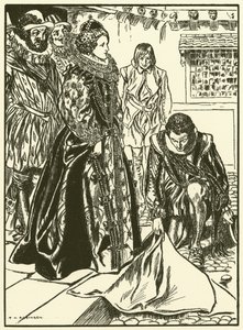 Raleigh breder sin kappe ud foran Elizabeth (kobberstik) af Thomas Heath Robinson