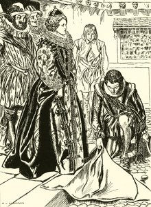 Raleigh breder sin kappe ud foran Elizabeth (kobberstik) af Thomas Heath Robinson