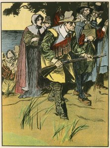 Pilgrimsfædrene på vej ind i den nye verden (farvelitografi) af Thomas Heath Robinson