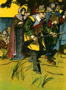 Pilgrimsfædrene på vej ind i den nye verden (farvelitografi) af Thomas Heath Robinson