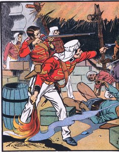 Ødelæggelsen af magasinet i Delhi (farvelitografi) af Thomas Heath Robinson