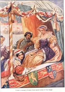 Under statens baldakin sejlede Jane væk i prammen (farvelitografi) af Thomas Heath Robinson