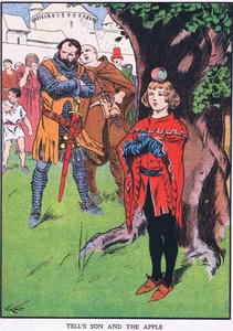 Wilhelm Tells søn og æblet (farvelitografi) af Thomas Heath Robinson