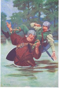 Med et træk fra sine store hænder sendte han den fredløse ud i strømmen (farvelitografi) af Thomas Heath Robinson