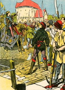 Den unge kong Richard slår oprøret ned (farvelitografi) af Thomas Heath Robinson
