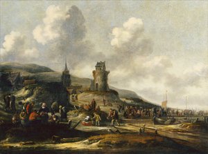 Udsigt over Scheveningen med fiskere, der sælger deres fangst af Thomas Heeremans