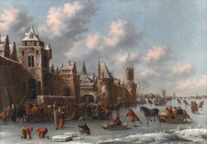 Vinterlandskab med figurer, der skøjter og kælker på en frossen voldgrav ved en befæstet by af Thomas Heeremans