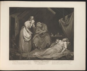 Ydmyg tjenestepige besøger den døende løsslupne tjenestepige Plade 9. The Wanton dieing in Poverty & Disease / Besøgt af den beskedne pige (titel på objektet) Dyd og udskejelser (serietitel) Diligence & Dissipation (serietitel på objekt)