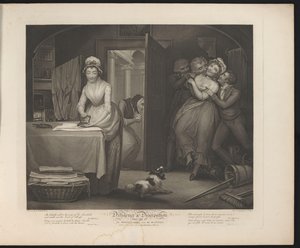 Behersket og løsslupne tjenestepiger Tavle 1. Den beskedne pige og de fattige/medtjenere i en gentlemans hus (titel på objektet) Dyd og udskejelser (serietitel) Diligence & Dissipation (serietitel på objekt)