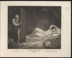 Udsvævende stuepige sover, mens en mand sniger sig ind Plade 3. The Wanton in the Bed Chamber (titel på objekt) Dyd og udskejelser (serietitel) Diligence & Dissipation (serietitel på objekt)