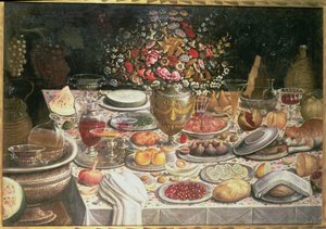 Stilleben af et bord fyldt med mad, drikke og en vase med blomster