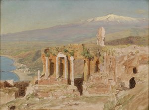 Udsigt over ruinerne af det græske teater ved Taormina og Etna, Sicilien