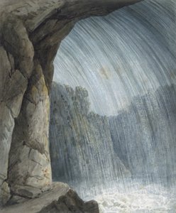 Under kaskaden (akvarel og kridt på papir) af Thomas Hornor