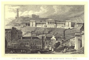 High School, Calton Hill, fra Canon-Gate Church Yard (gravering) af Thomas Hosmer (after) Shepherd
