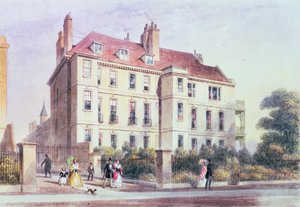 Indgang til Queen Square fra parken med udsigt over Jeremy Benthams hus af Thomas Hosmer Shepherd