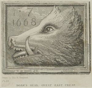 Kroskilt fra Boars Head Tavern i Eastcheap, ca. 1850