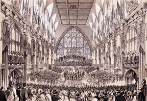 Interior of the Guildhall - Lord Mayor and Corporation præsenterer deres tale til Emperor und Empress of the French, 19. april 1855 af Thomas Hosmer Shepherd