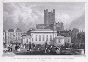 Litterær institution og katedral, fra North Parade, Bath (gravering) af Thomas Hosmer Shepherd